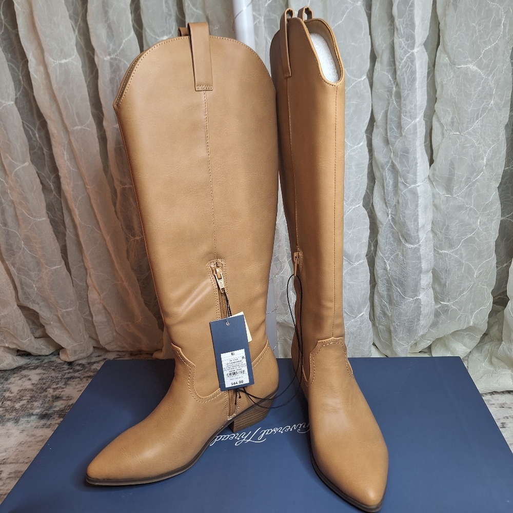 Universal Thread Women's 6.5 Tan Knee-High Western Pointed Toe Cowboy Boots
